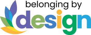 Colourful logo worded belonging by design with a laurel to the left of the logo