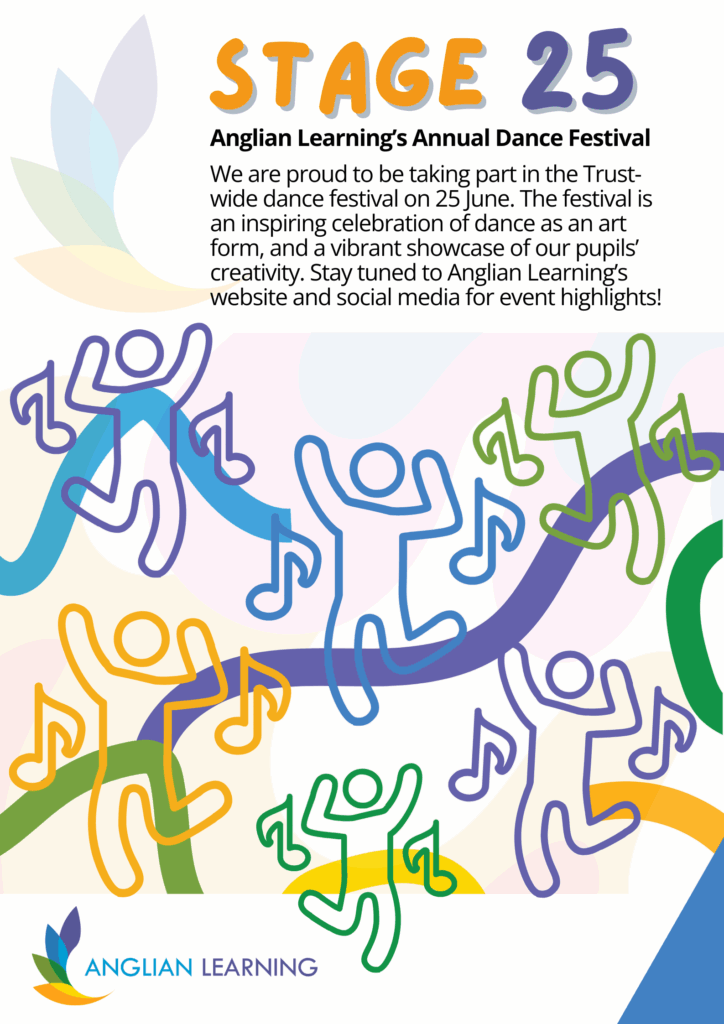 A colourful poster displays the wording 'stage 25' with colourful stick figures dancing.